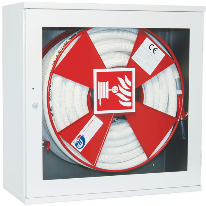 Hydrant system with D25 semi-rigid hose, 20 m, glass-panelled door, nozzle equiv. 6, white