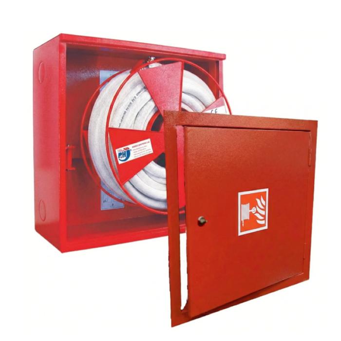 Recess-mounted hydrant system with frame and door, D25 semi-rigid hose, 20 m, solid door, nozzle equiv. 10, red
