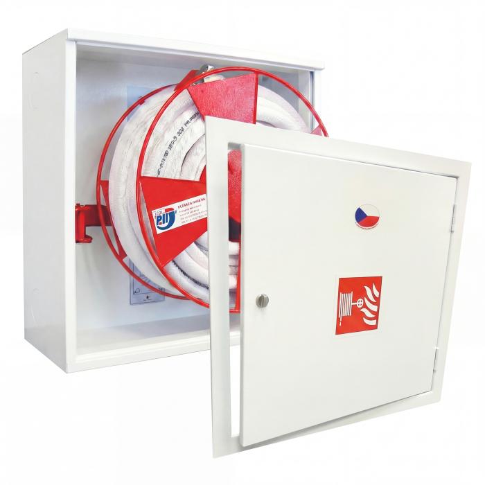 Recess-mounted hydrant system with frame and door, D25 semi-rigid hose, 20 m, solid door, nozzle equiv. 10, white