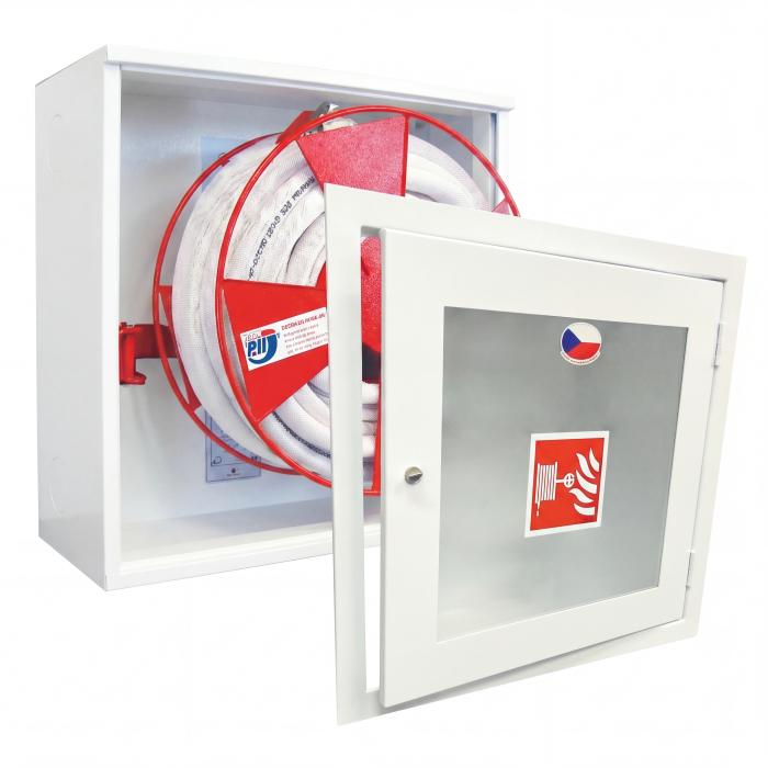 Recess-mounted hydrant system with frame and door, D25 semi-rigid hose, 20 m, glass-panelled door, nozzle equiv. 10, white