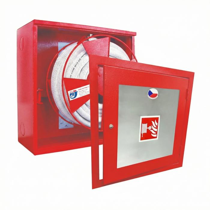Recess-mounted hydrant system with frame and door, D25 semi-rigid hose, 30 m, glass-panelled door, nozzle equiv. 6, red